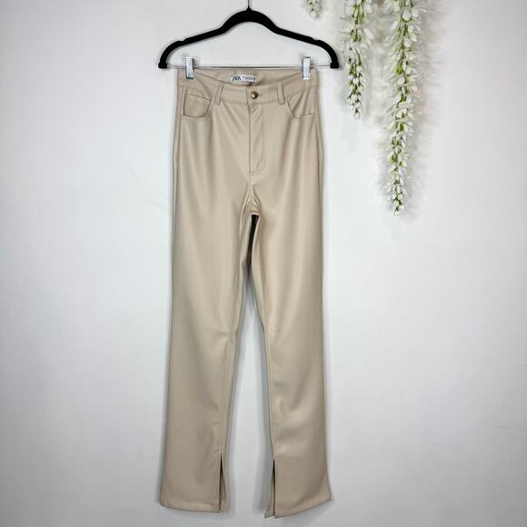 ZARA blogger fave faux leather pants high rise flared leg cream tan - Picture 5 of 11